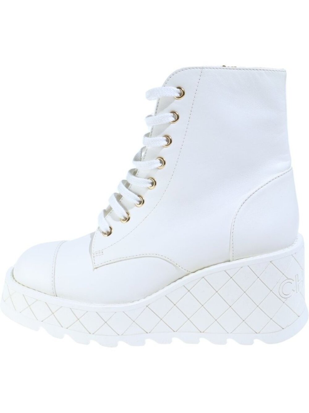 Chanel Combat Boots Shoes Platform White Gold Lambskin